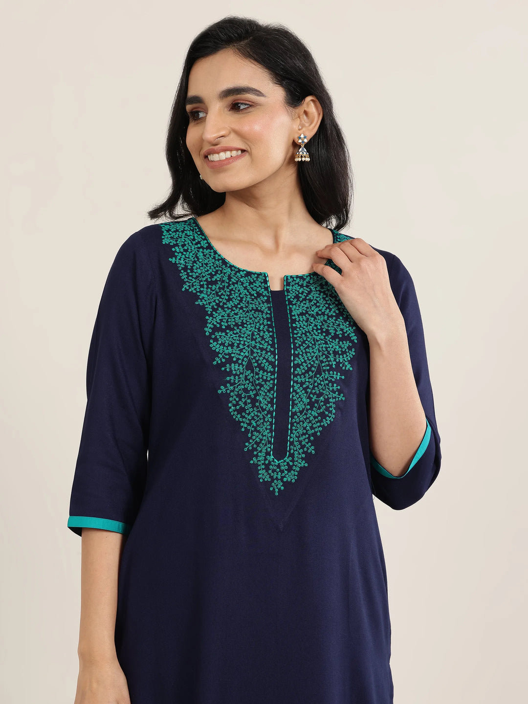  Navy Blue Yoke Design Rayon Straight Kurta 