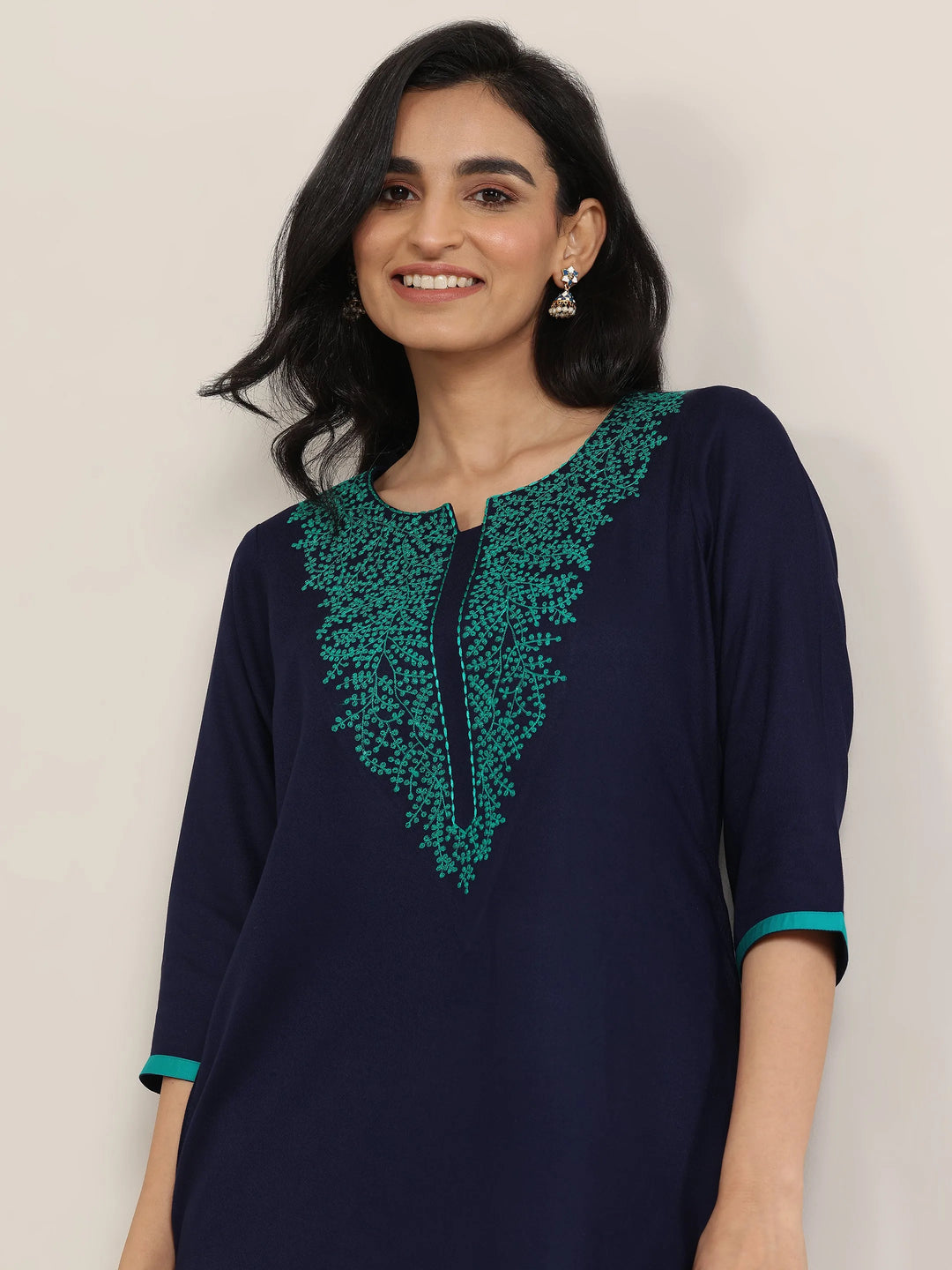  Navy Blue Yoke Design Rayon Straight Kurta 