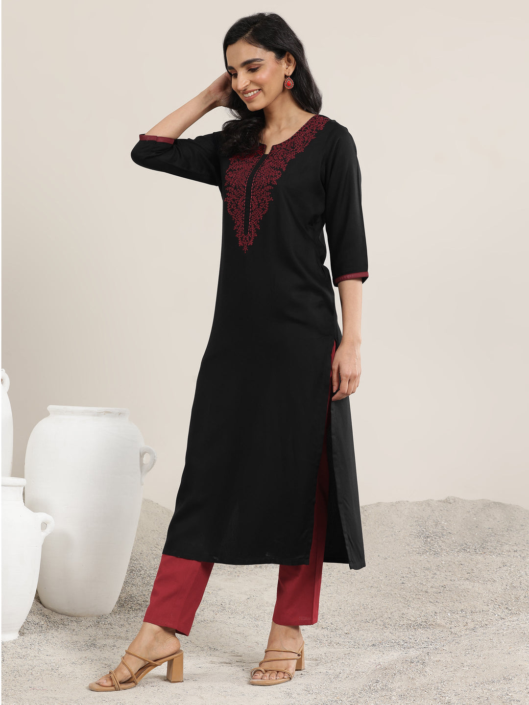  Black Yoke Design Rayon Straight Kurta 
