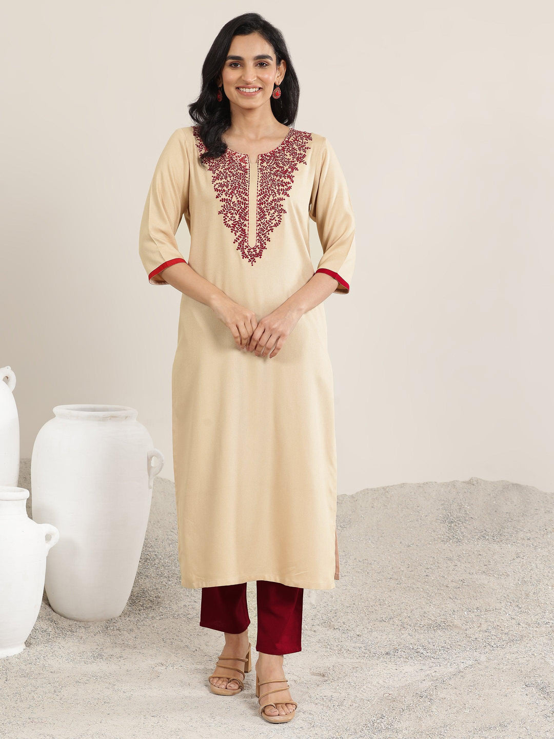  Beige Yoke Design Rayon Straight Kurta 