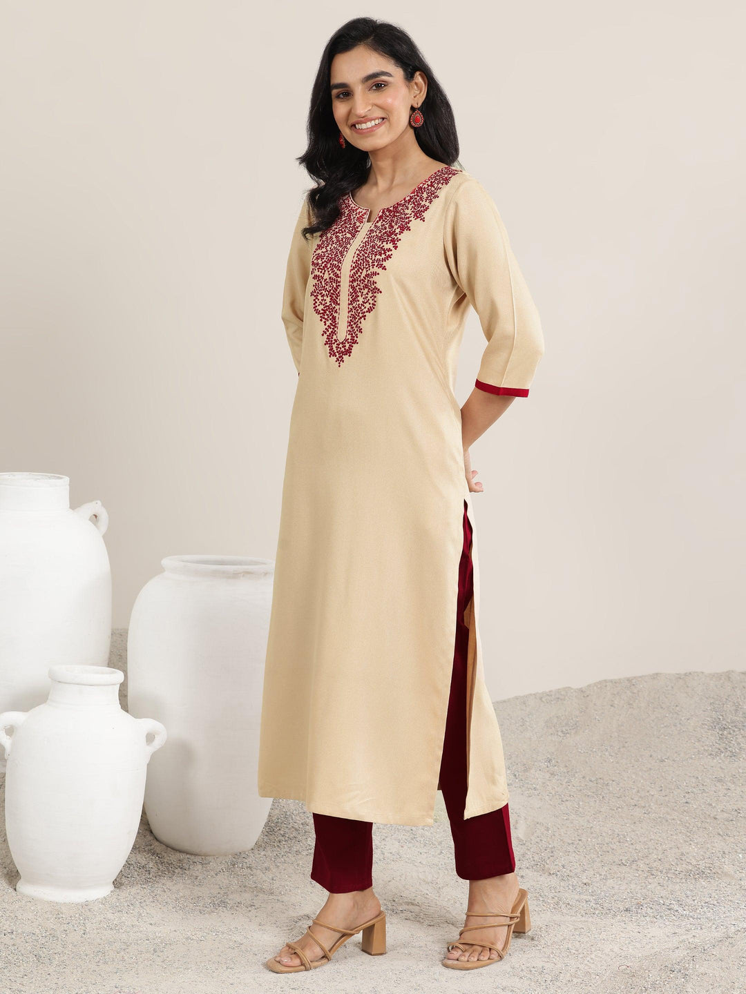 Beige Yoke Design Rayon Straight Kurta 