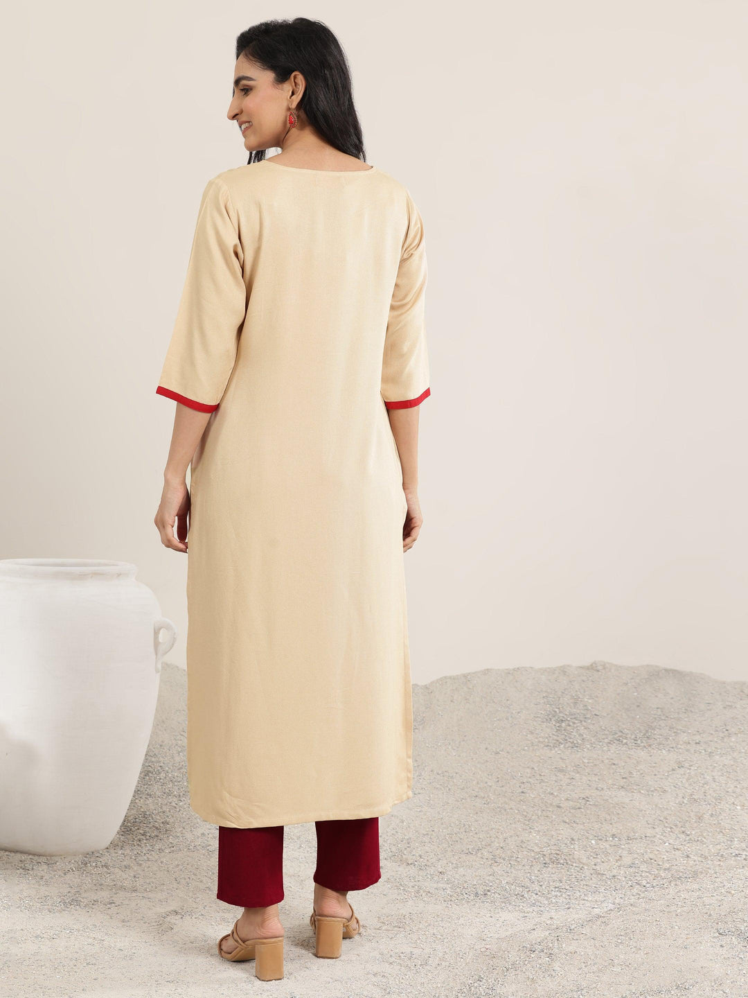 Beige Yoke Design Rayon Straight Kurta 