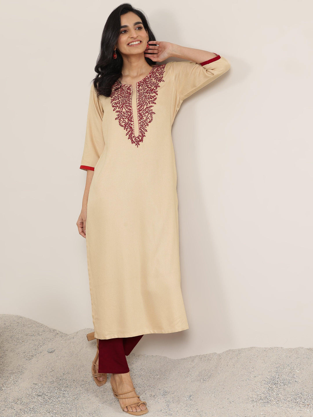 Beige Yoke Design Rayon Straight Kurta