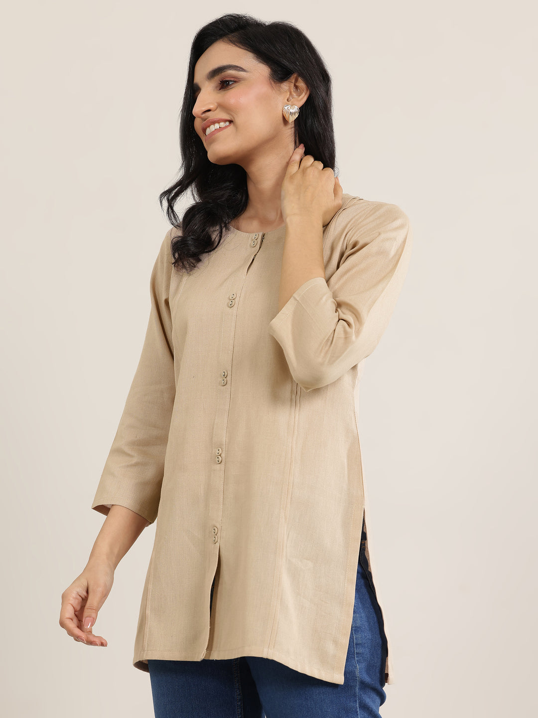  Beige Solid Cotton Blend Straight Short Kurti 
