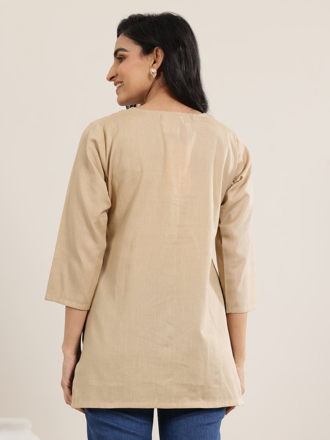  Beige Solid Cotton Blend Straight Short Kurti 