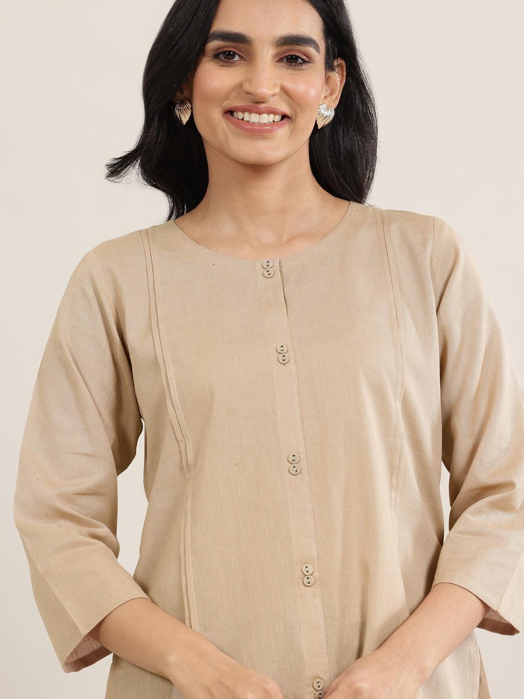  Beige Solid Cotton Blend Straight Short Kurti 