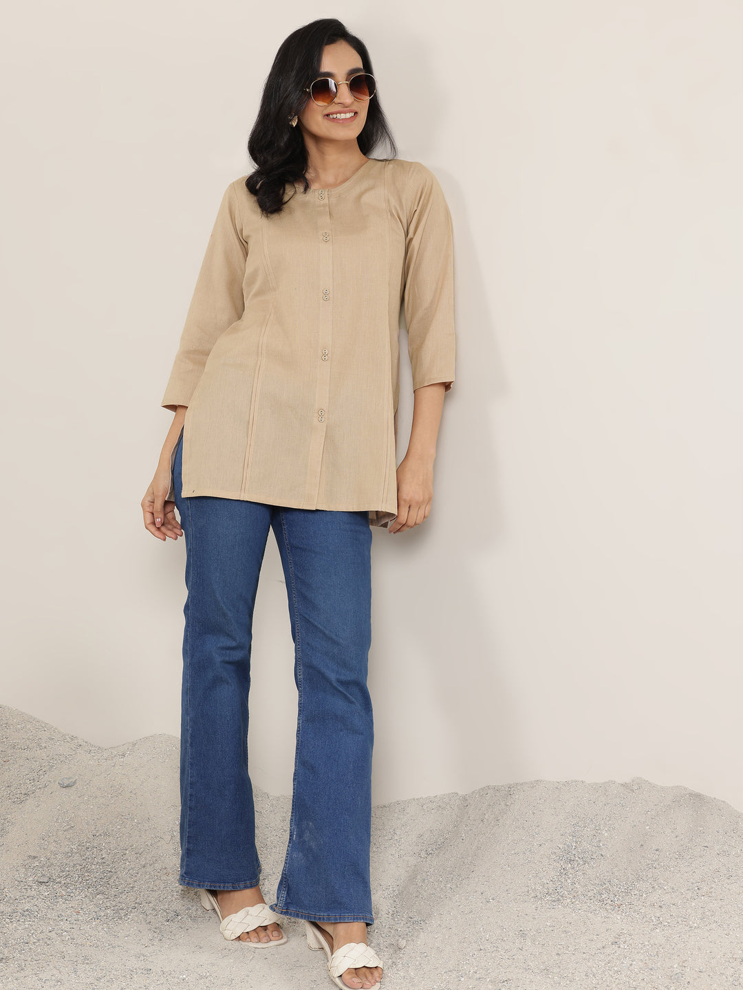  Beige Solid Cotton Blend Straight Short Kurti 