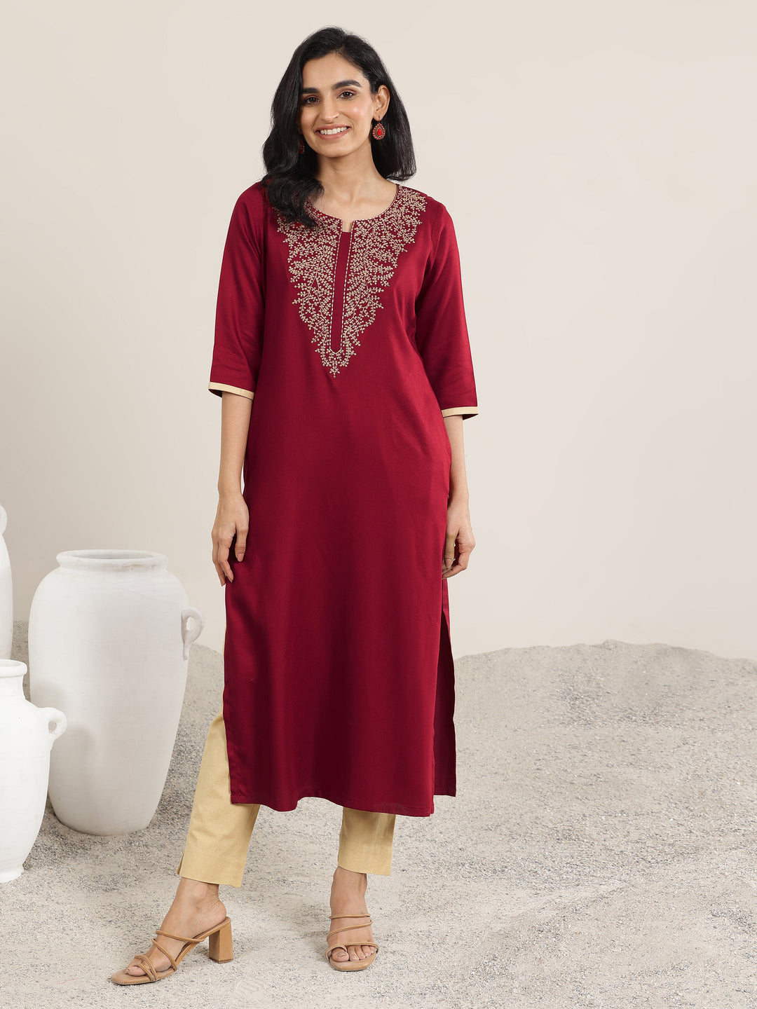  Red Yoke Design Rayon Straight Kurta 