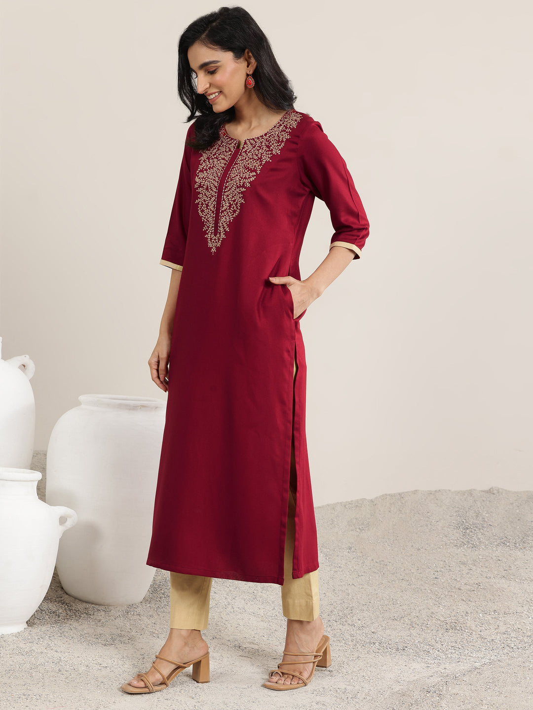  Red Yoke Design Rayon Straight Kurta 