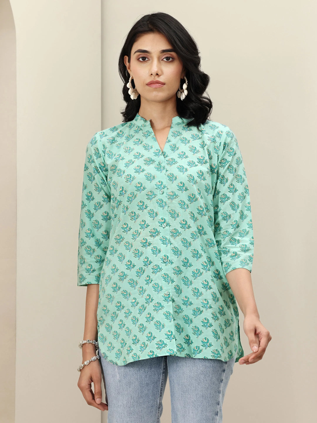  Green Printed Cotton Blend Straight Short Kurti 