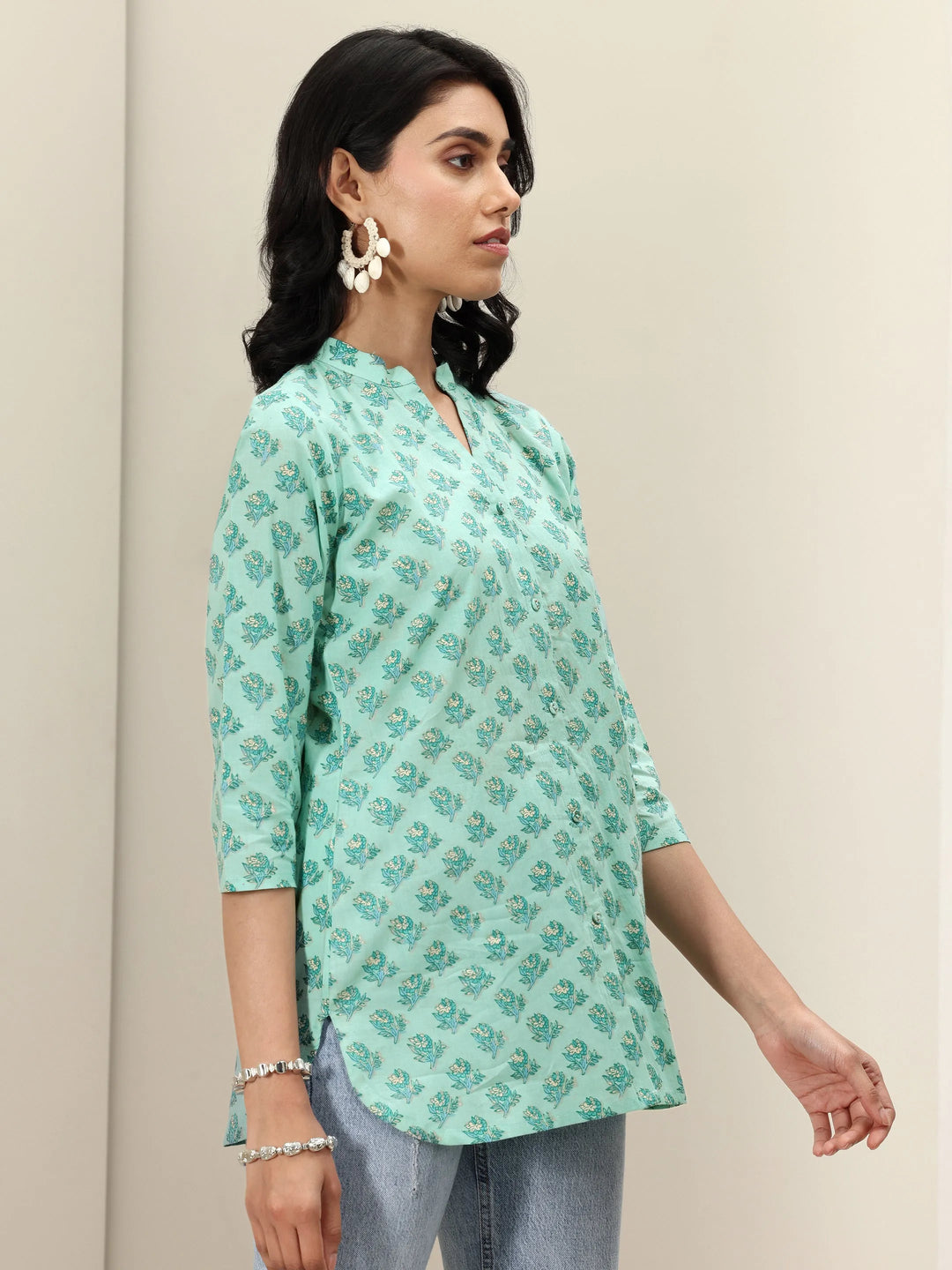  Green Printed Cotton Blend Straight Short Kurti 