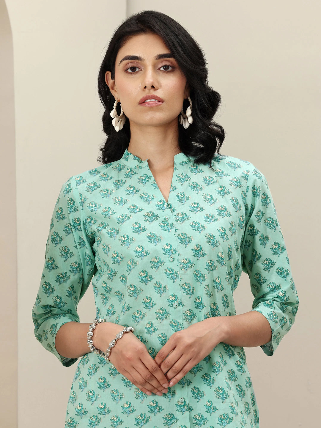  Green Printed Cotton Blend Straight Short Kurti 