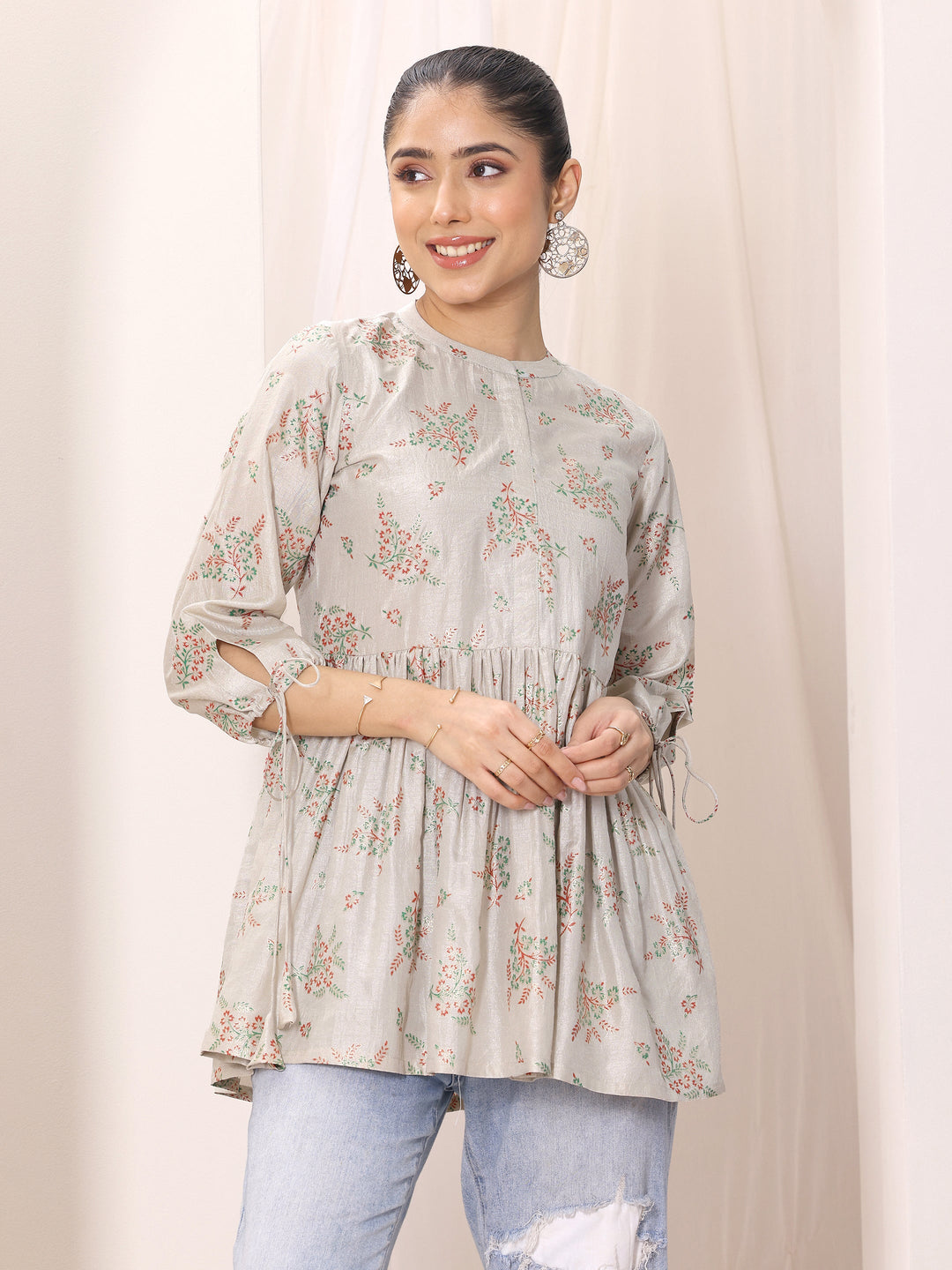  Grey Printed Silk Blend Straight Short Kurti 