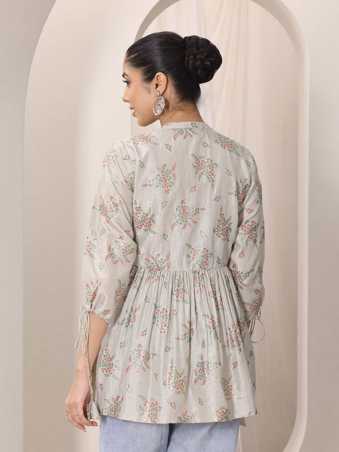  Grey Printed Silk Blend Straight Short Kurti 