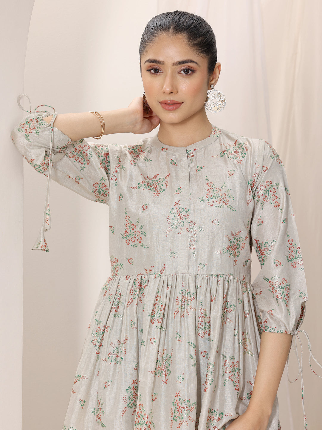  Grey Printed Silk Blend Straight Short Kurti 