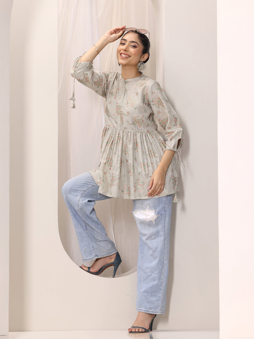  Grey Printed Silk Blend Straight Short Kurti 