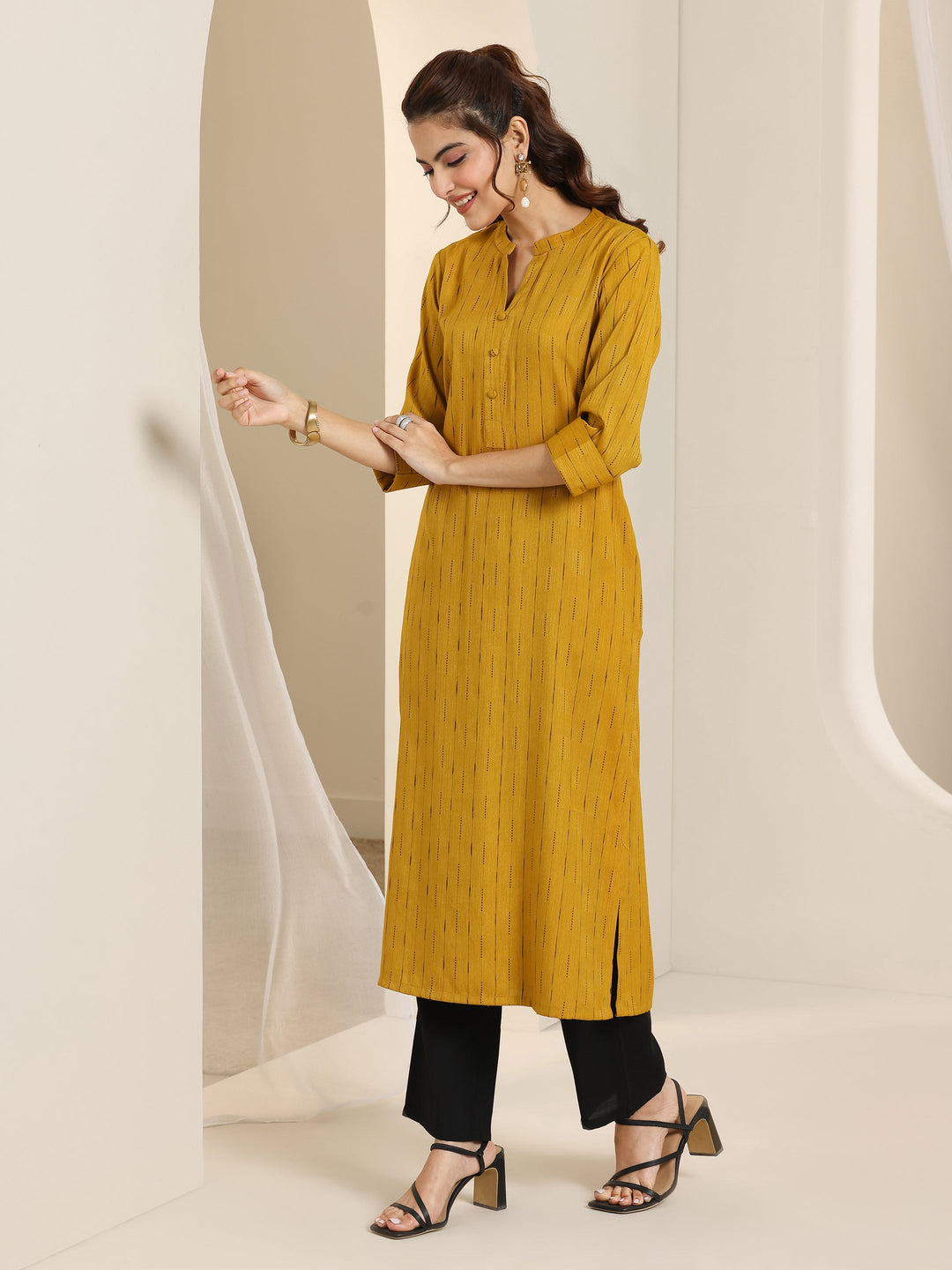  Mustard Woven Design Cotton Blend Straight Kurta 
