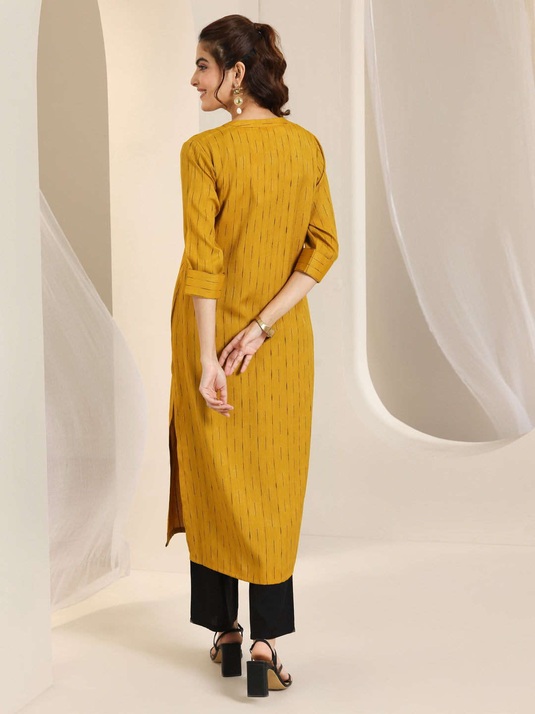  Mustard Woven Design Cotton Blend Straight Kurta 