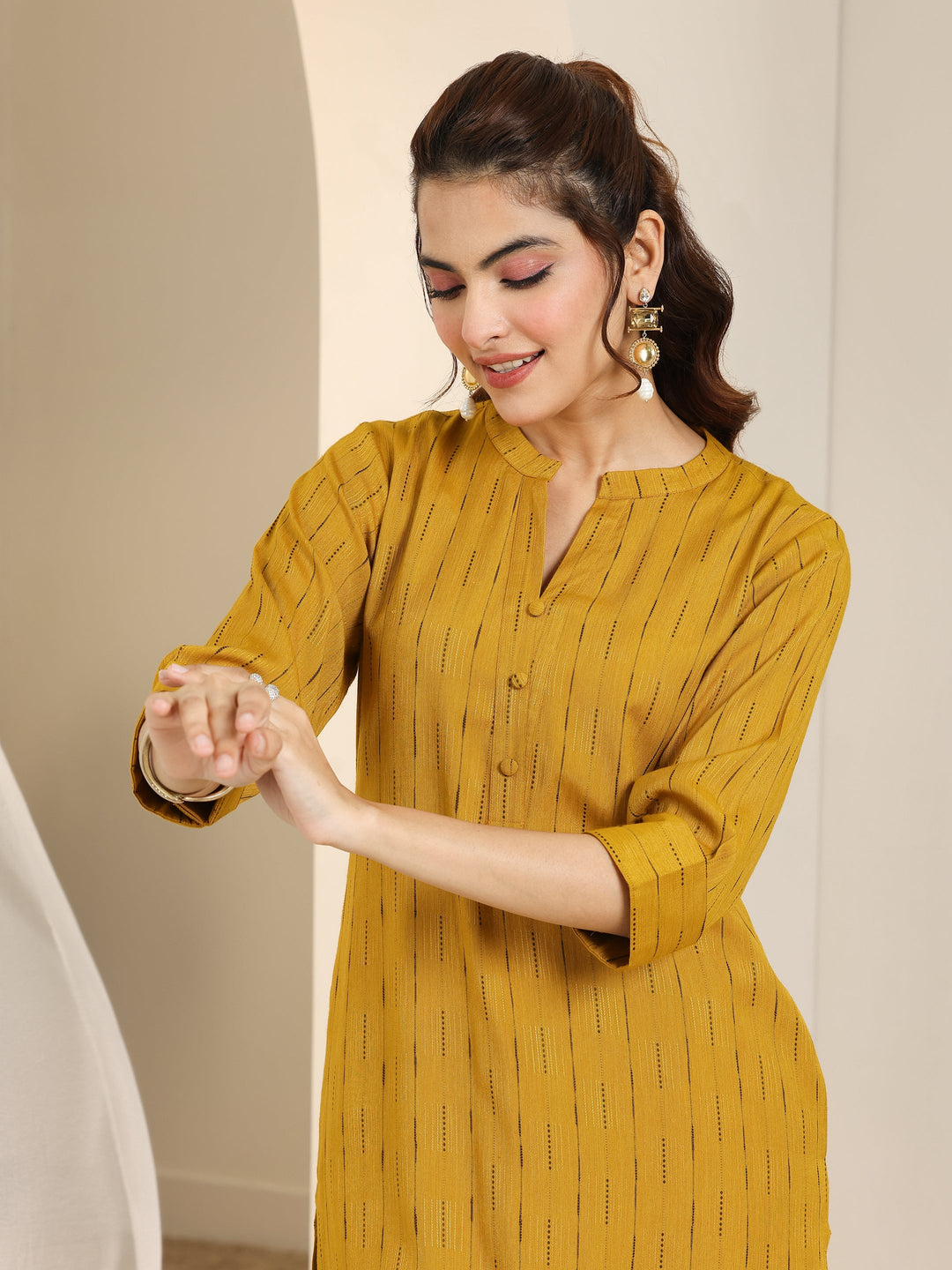  Mustard Woven Design Cotton Blend Straight Kurta 