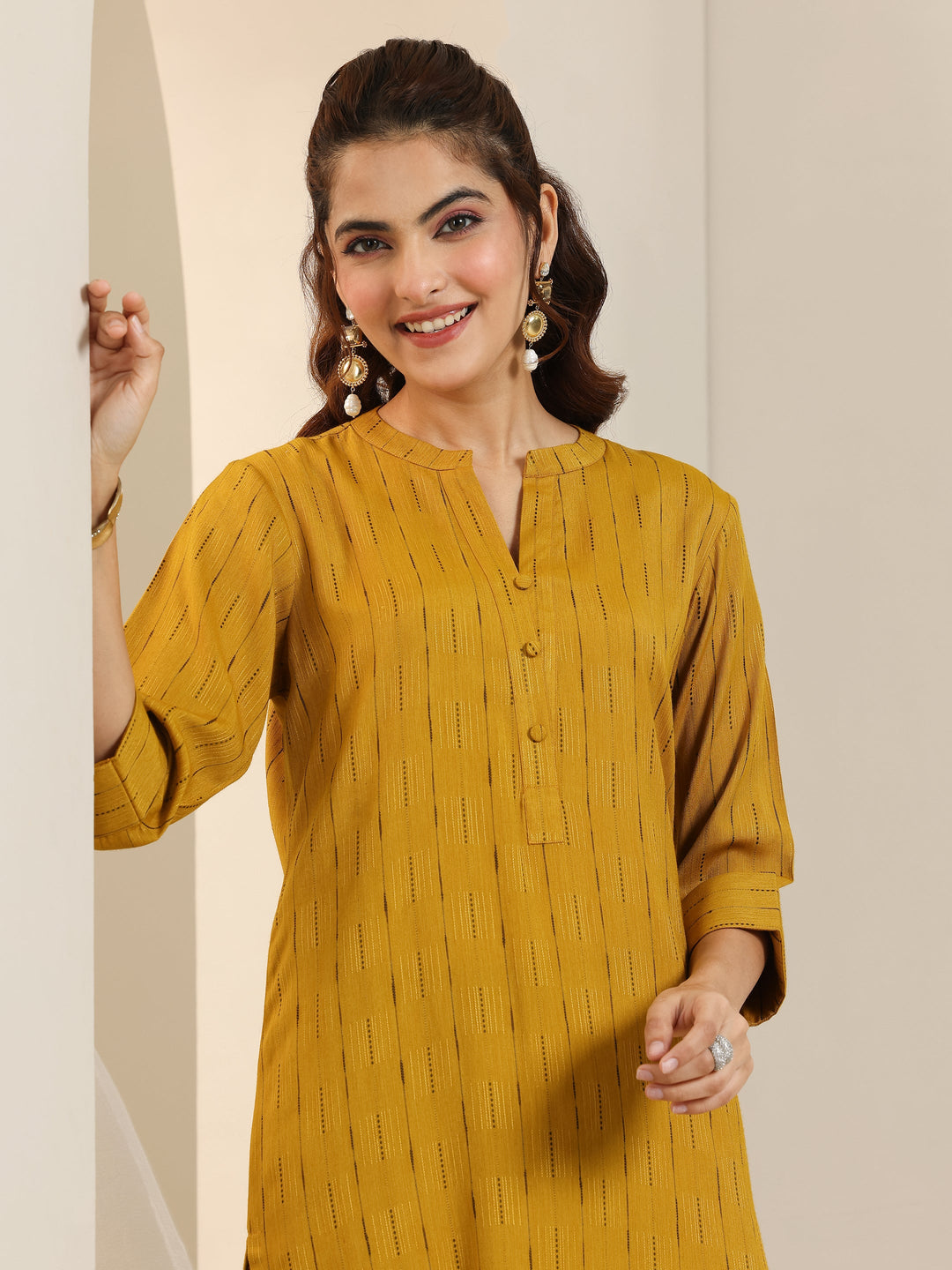  Mustard Woven Design Cotton Blend Straight Kurta 