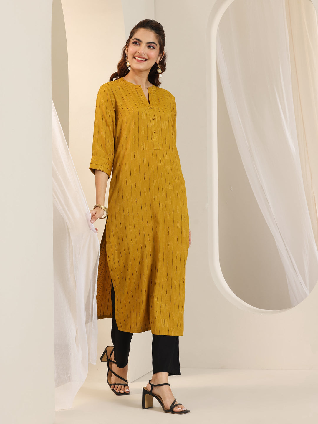  Mustard Woven Design Cotton Blend Straight Kurta 