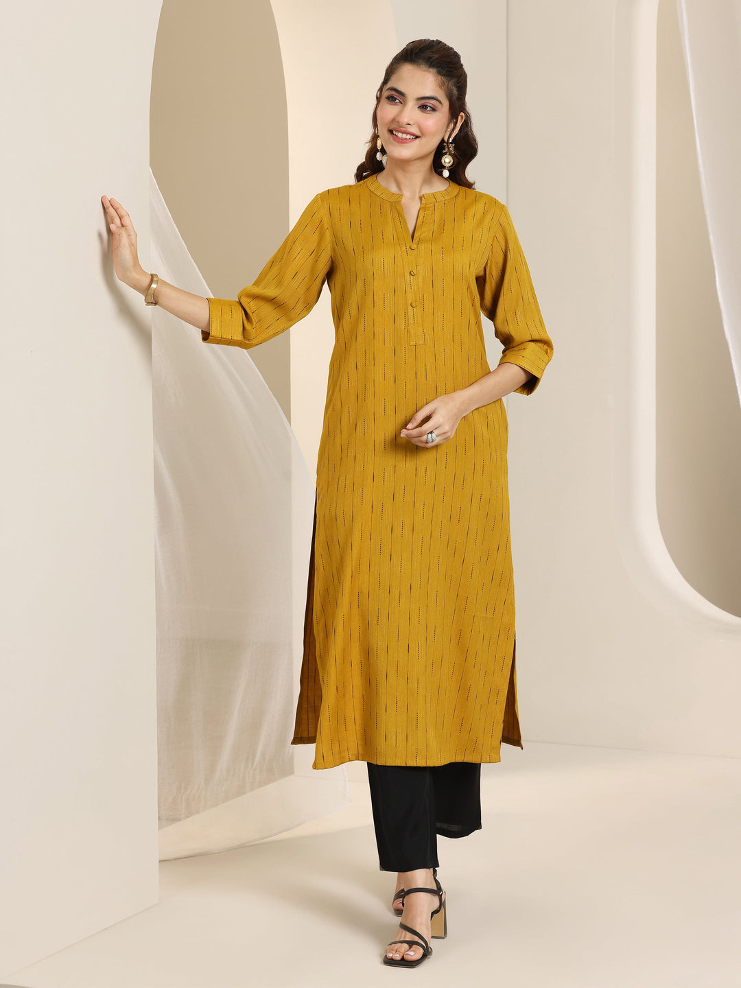  Mustard Woven Design Cotton Blend Straight Kurta 