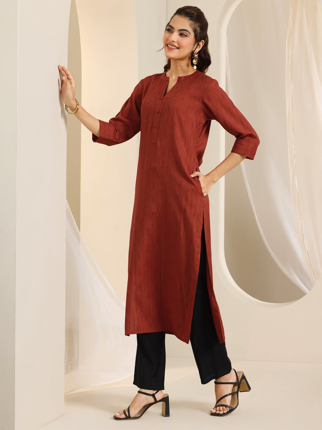  Rust Woven Design Cotton Blend Straight Kurta 