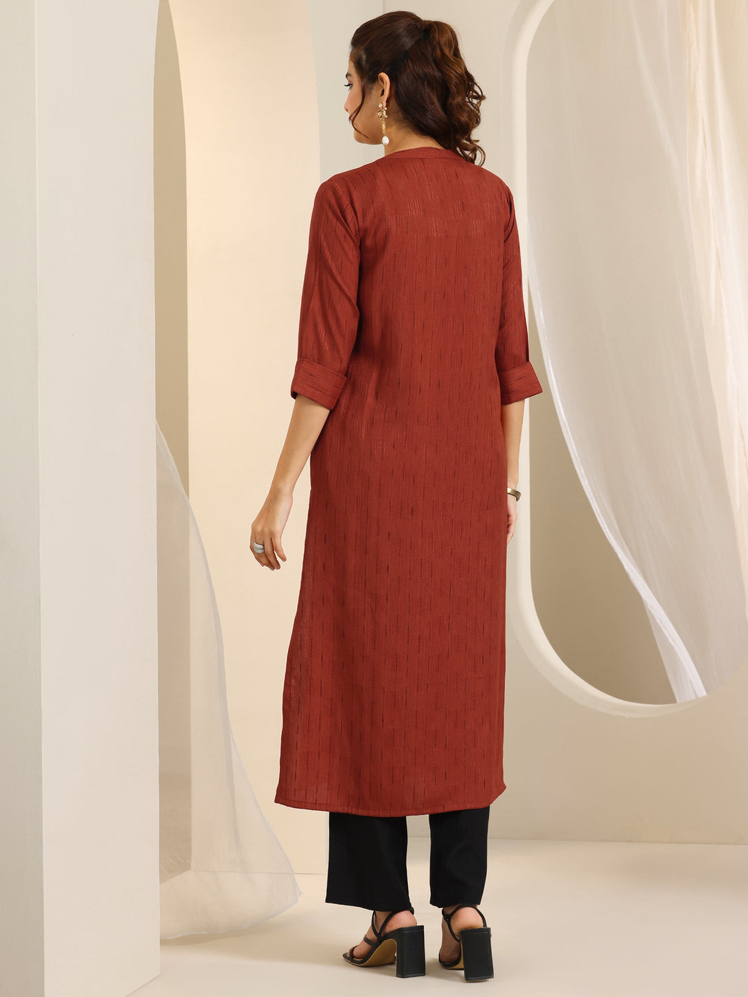  Rust Woven Design Cotton Blend Straight Kurta 