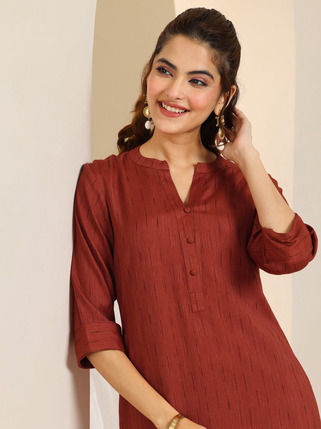 Rust Woven Design Cotton Blend Straight Kurta 