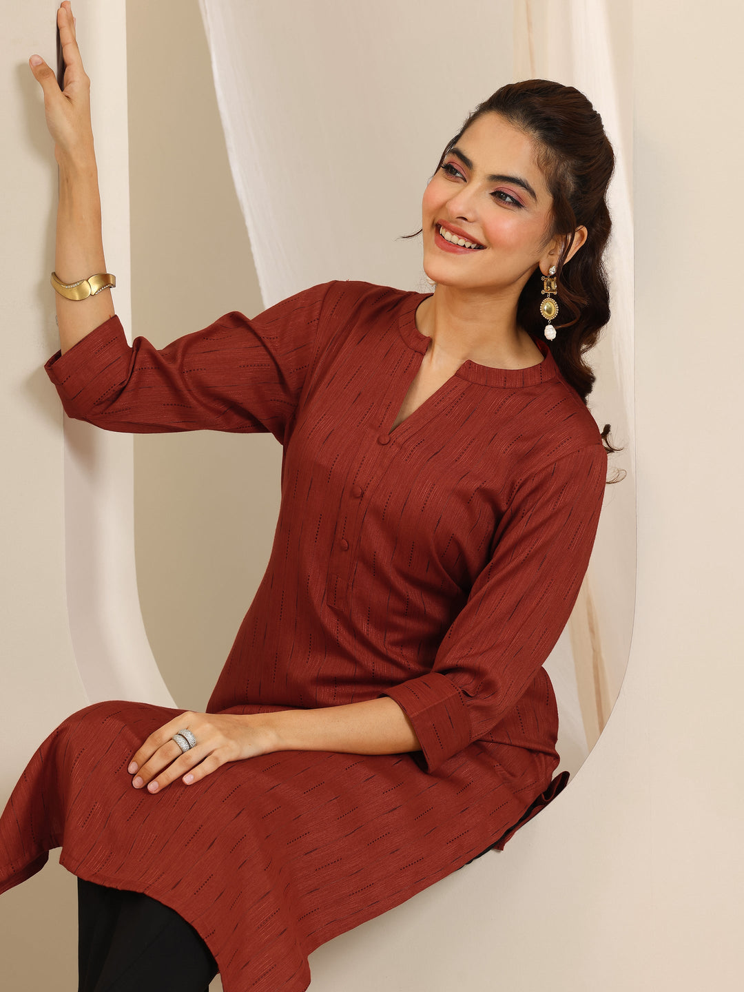  Rust Woven Design Cotton Blend Straight Kurta 