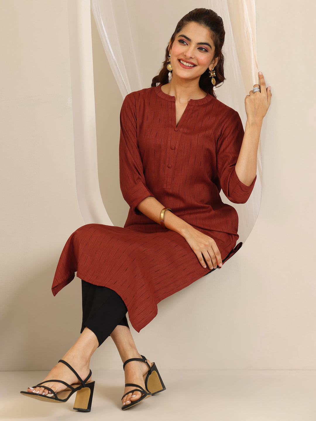  Rust Woven Design Cotton Blend Straight Kurta 