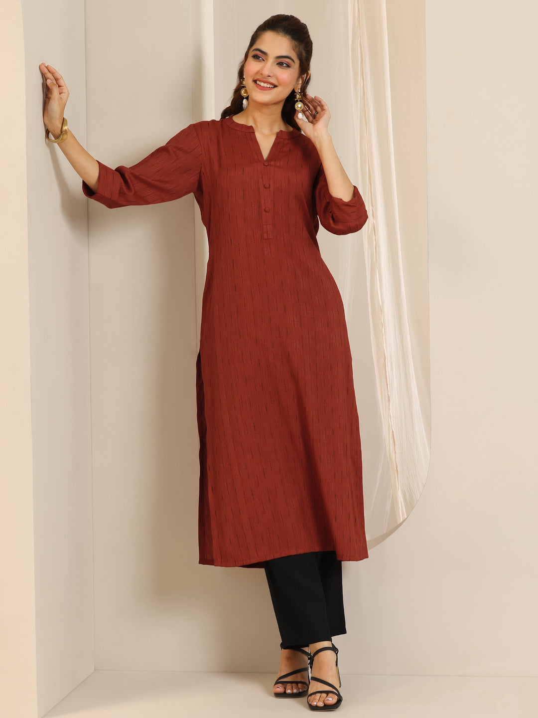  Rust Woven Design Cotton Blend Straight Kurta 