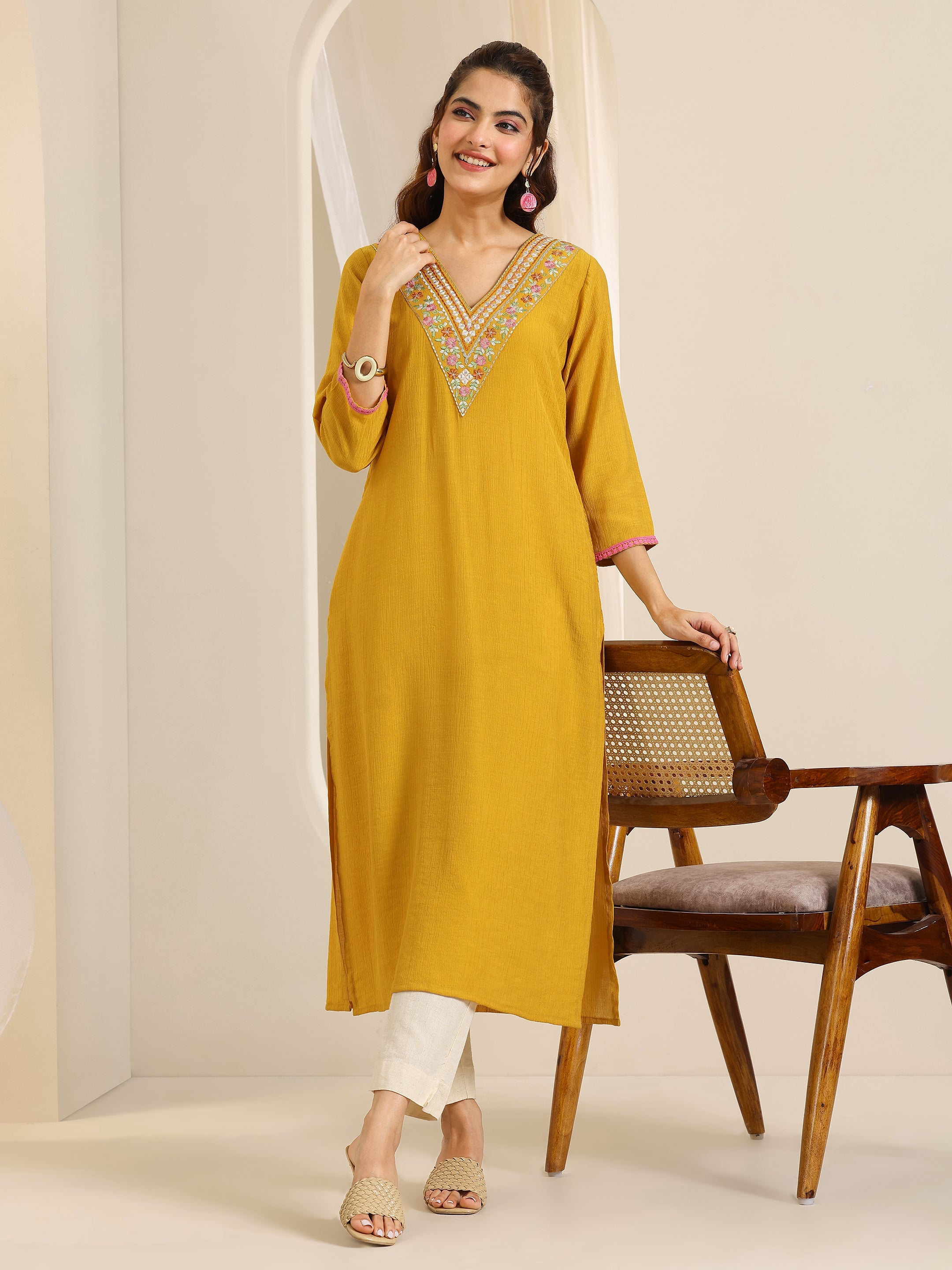 libas Mustard Yoke Design Silk Blend Straight Kurta-picture-27