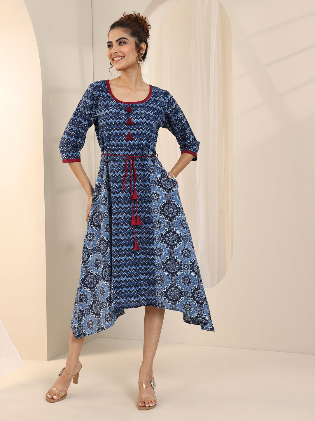  Blue Printed Cotton Fit and Flare One Piece Dress 