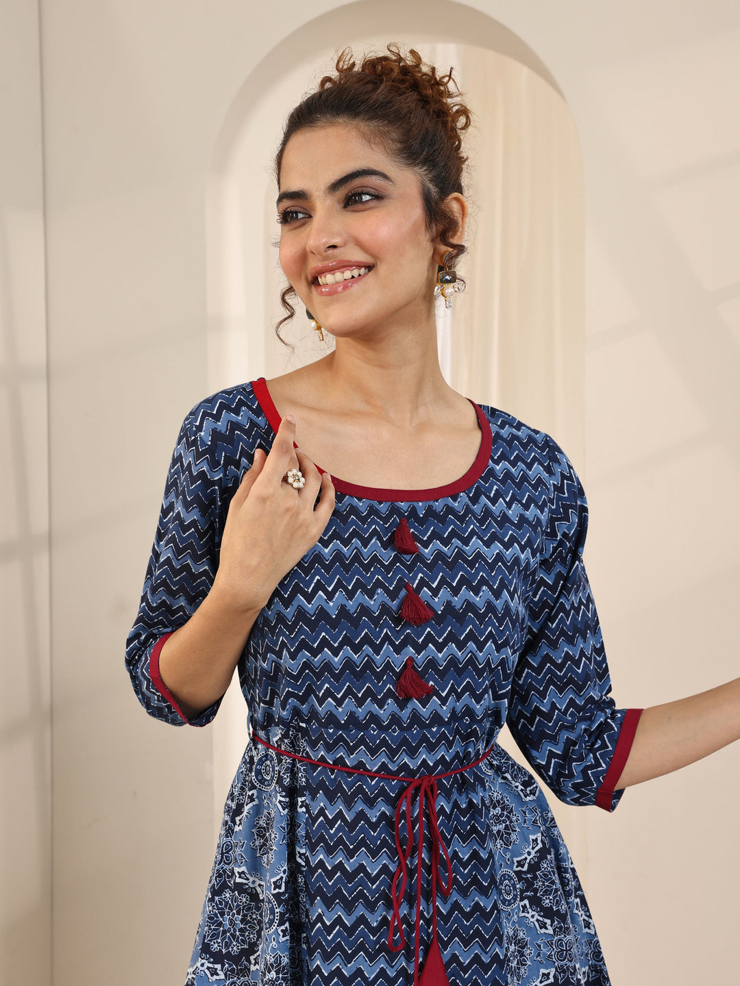  Blue Printed Cotton Fit and Flare One Piece Dress 