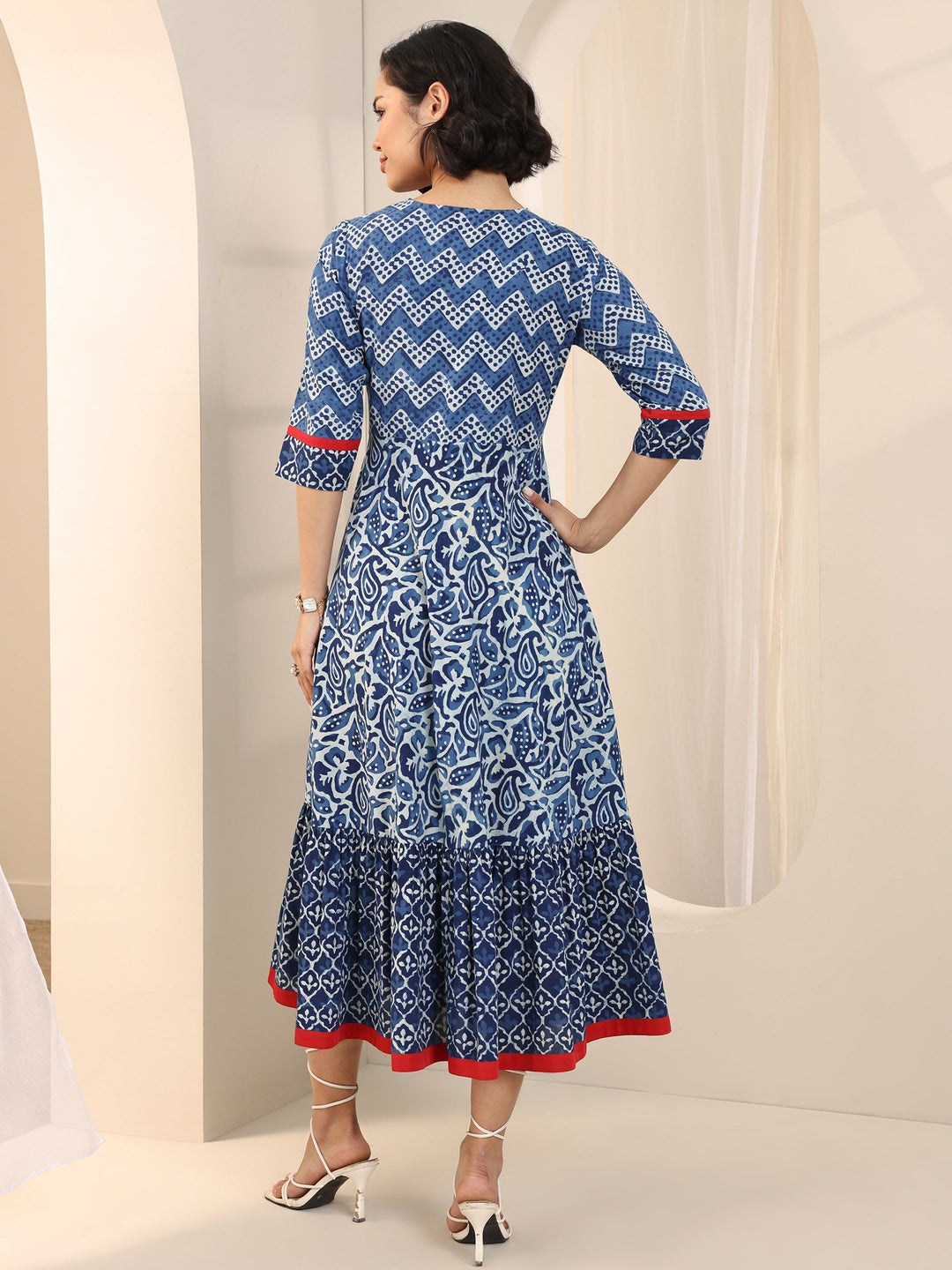  Blue Printed Cotton Fit and Flare One Piece Dress 