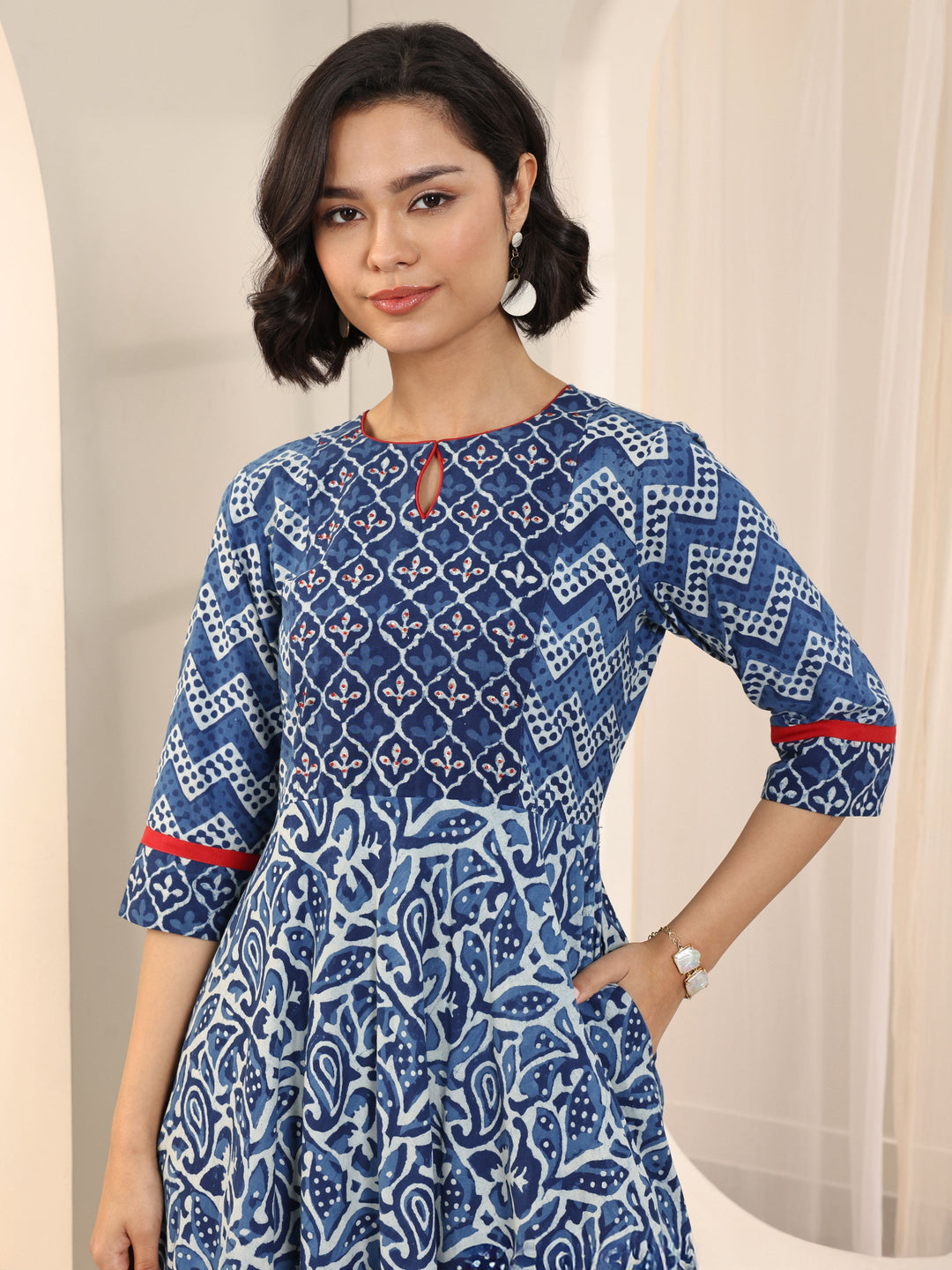 Blue Printed Cotton Fit and Flare One Piece Dress 
