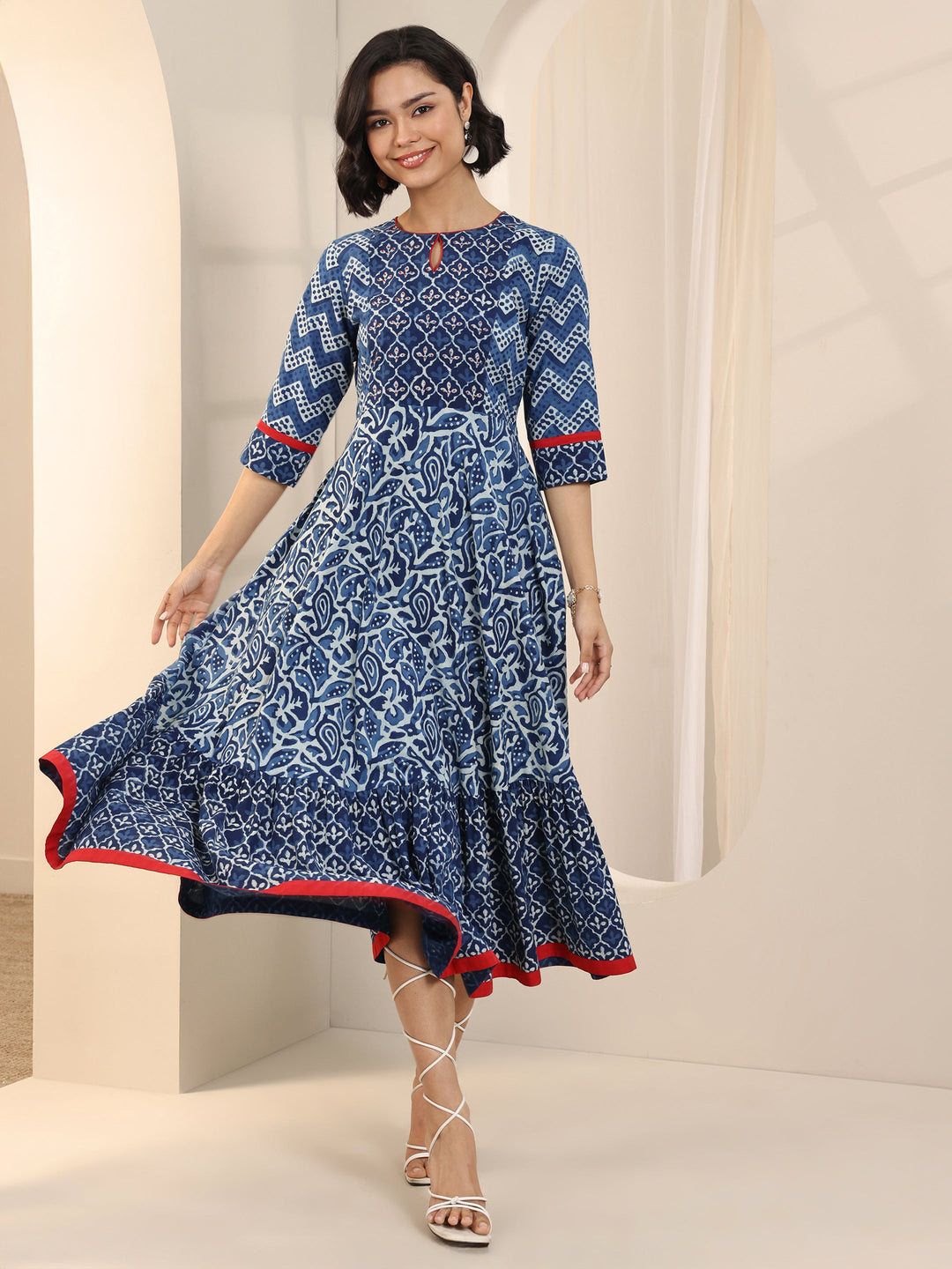  Blue Printed Cotton Fit and Flare One Piece Dress 