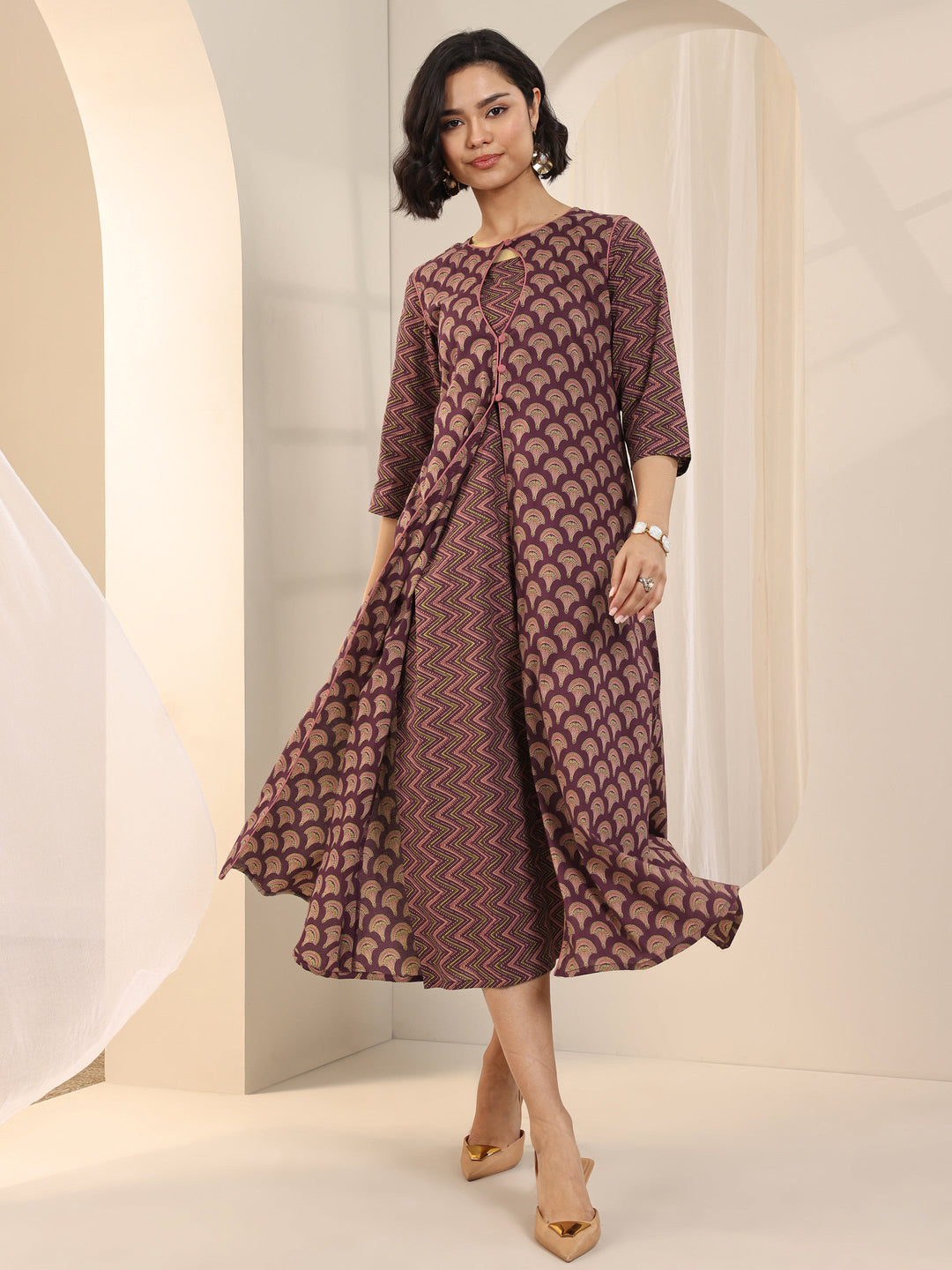  Maroon Printed Cotton Fit and Flare One Piece Dress 