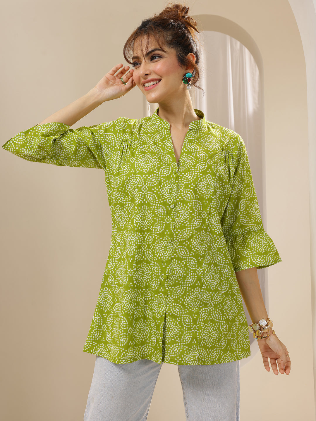  Green Printed Cotton Straight Short Kurti 