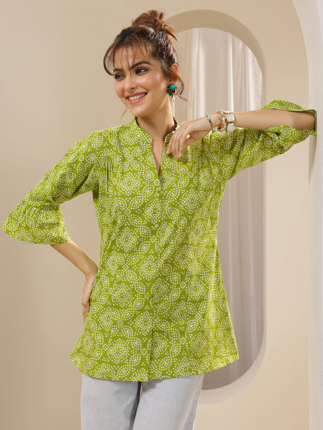  Green Printed Cotton Straight Short Kurti 