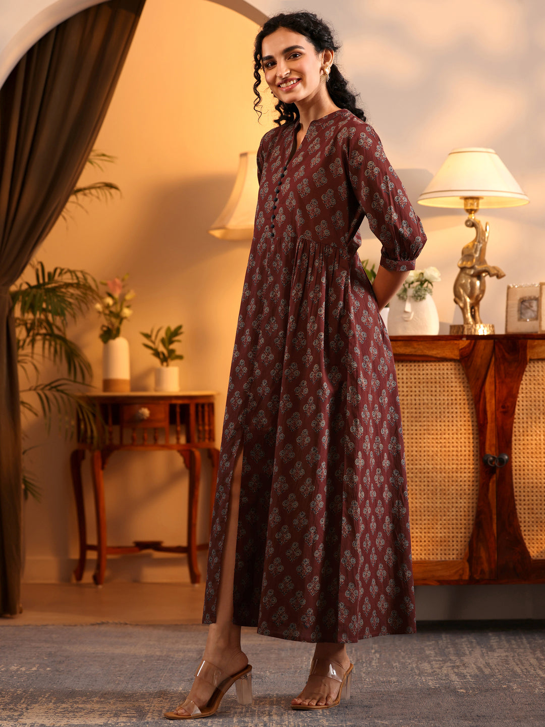  Rust Printed Cotton  A-Line One Piece Dress 