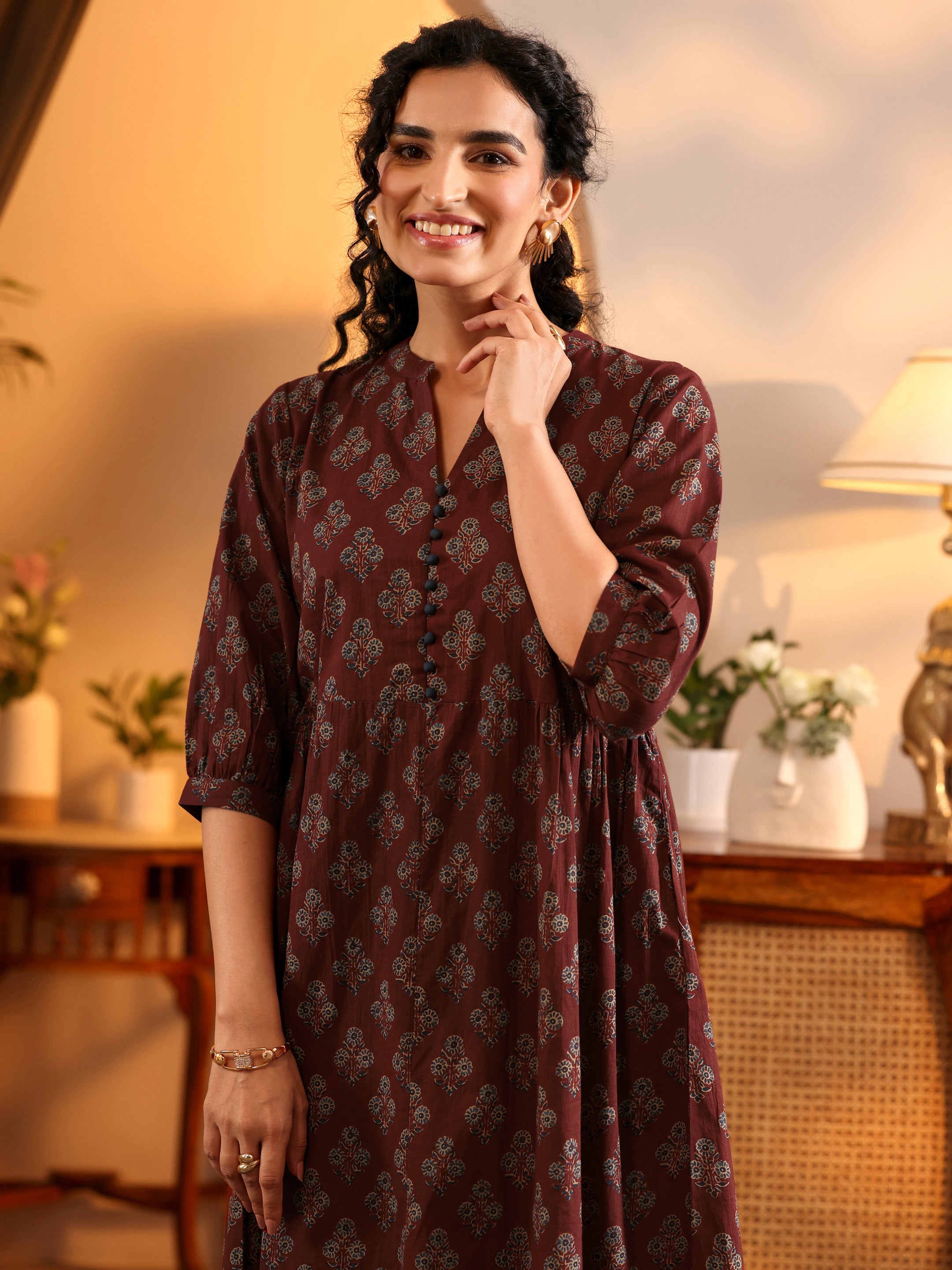 Buy Rust Printed Cotton A-Line One Piece Dress Online at Rs.699