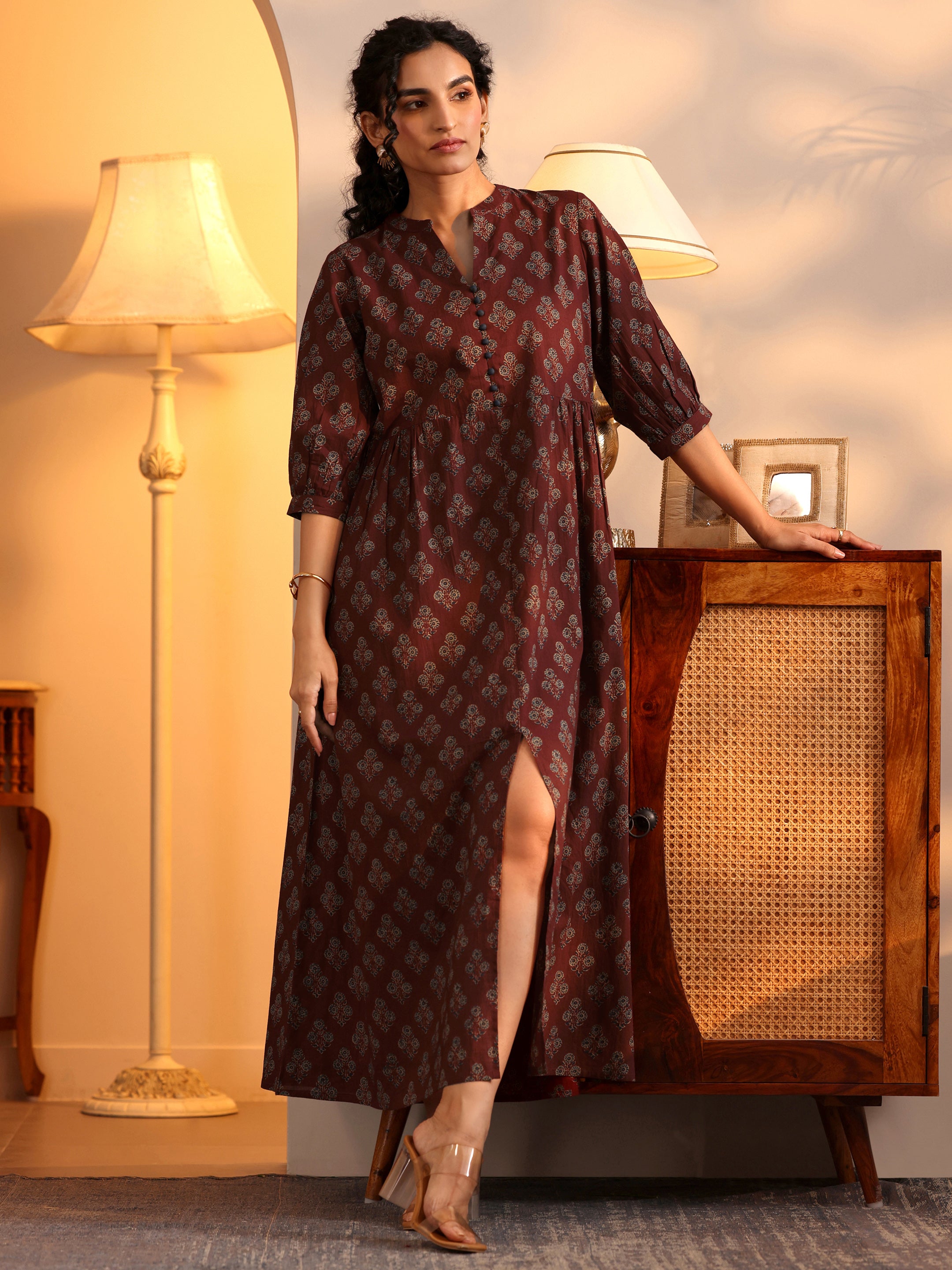 Buy Rust Printed Cotton A-Line One Piece Dress Online at Rs.699