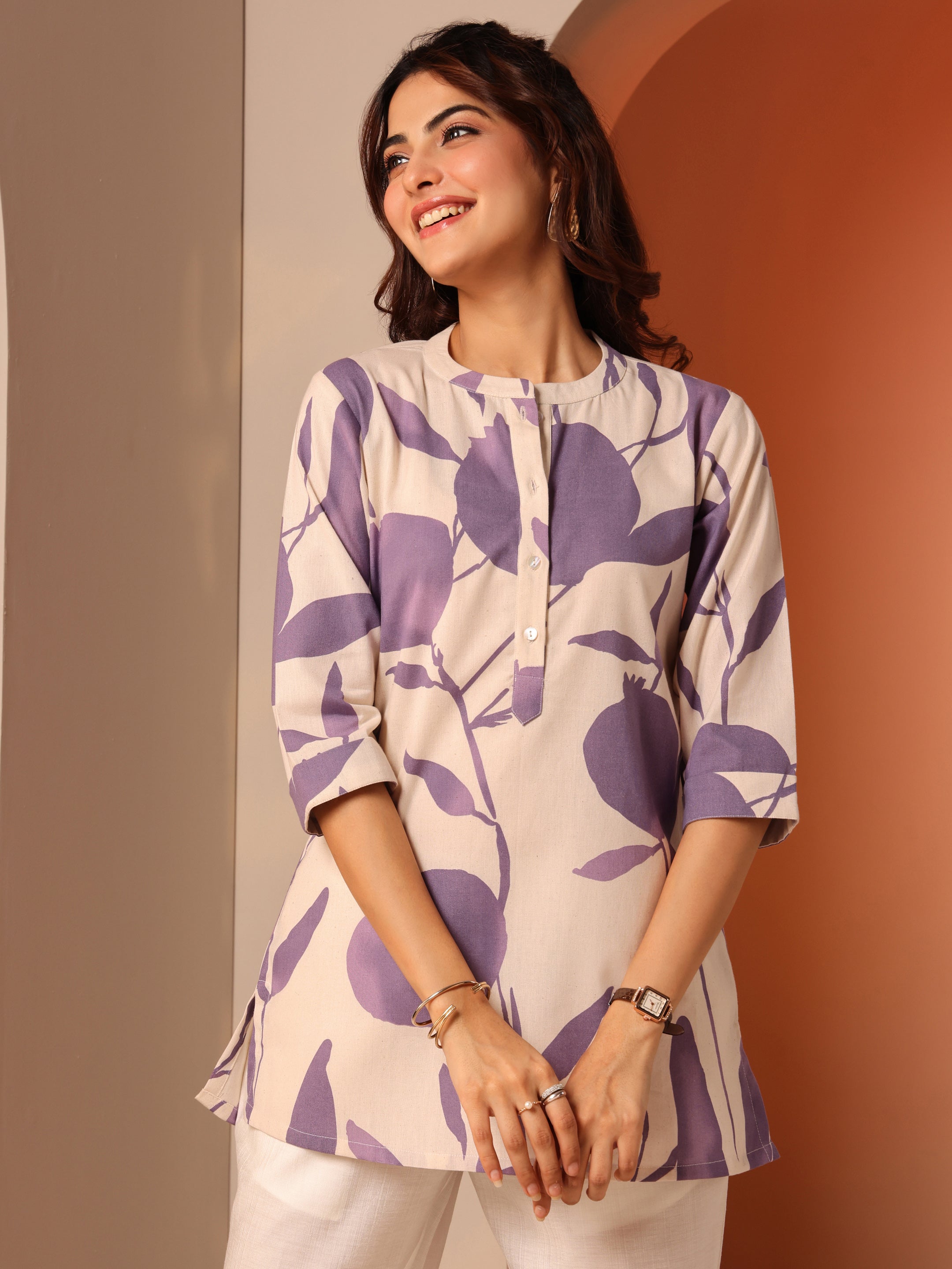 Off White Printed Cotton Straight Short Kurti-image-22