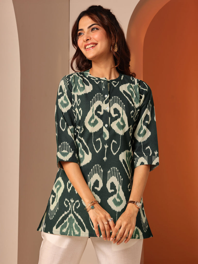 Gerua Green Printed Cotton Blend Straight Short Kurti