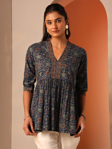 Blue Printed Cotton Anarkali Short Kurti