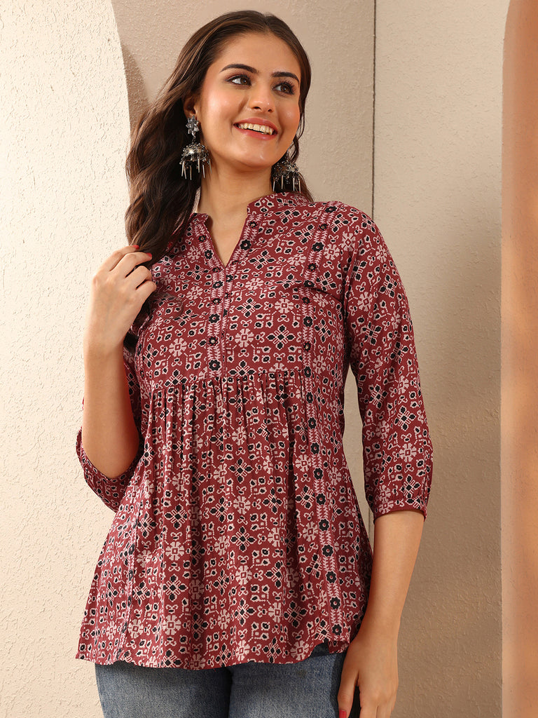 Libas Maroon Printed Cotton A-Line Short Kurti