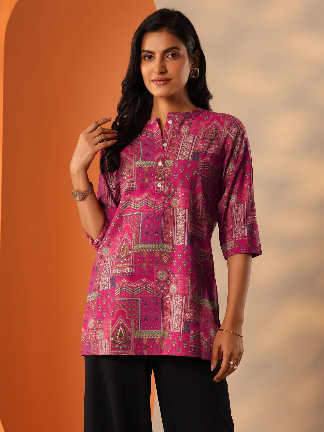  Pink Printed Silk Blend Straight Short Kurti 