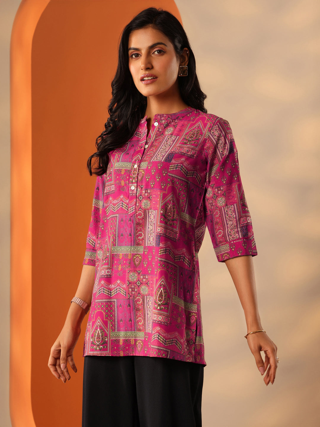  Pink Printed Silk Blend Straight Short Kurti 
